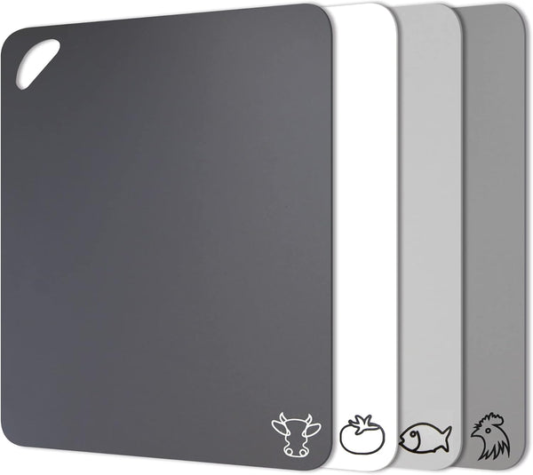Fotouzy Set of 4 Flexible Plastic Cutting Board Mats with Food Icons, BPA-Free, Anti-skid Back, Dishwasher Safe, Modern