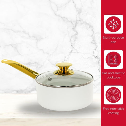 Holstein Housewares 2.5QT White Ceramic Nonstick Saucepan with Lid, Gold Color & Stainless Steel Handle
