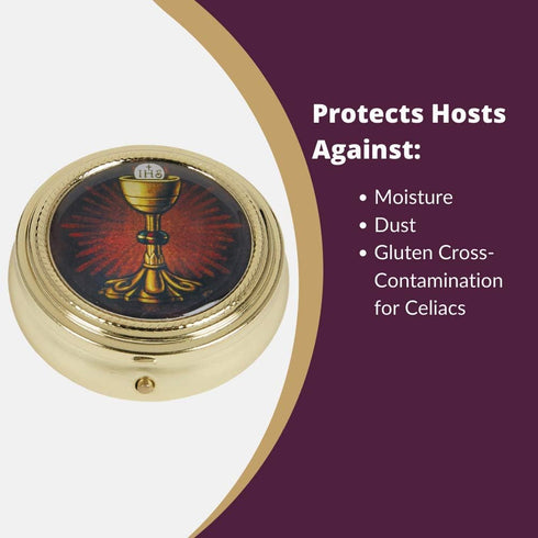Gold Tone IHS Chalice and Host Communion PYX with Epoxy Lid - 2 1/4 Inch