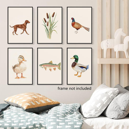 Yaasilinage Set 6 8x12in Nursery Animal Canvas Wall Art, Mallard Duck Hunting Poster, Fish Fishing Wall Decor