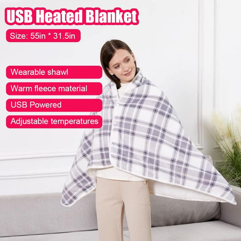 WOOLALA 3 Settings (55 31.5in) USB Plaid Heated Shawl Blanket, Wearable Fleece Electric Heating Blanket with Snap