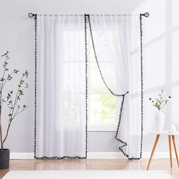 Treatmentex 2 Panels White Sheer Curtains with Black Pompoms, 63" Long Window Draperies for Boy's Room