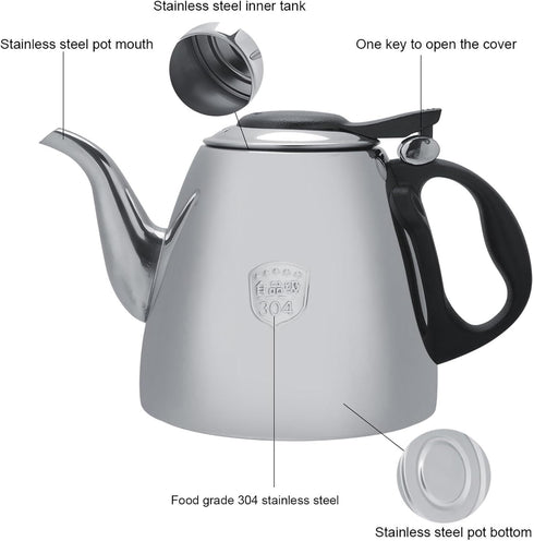 1.2L Stainless Steel Stovetop Teapot, Heat Resistant Handle Tea Coffee Pot Kettle