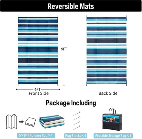 6'x9' HUGEAR Outdoor Waterproof Rug Plastic Straw Rugs Washable Reversible Floor Mat Blue Stripe Carpet for Camping RV
