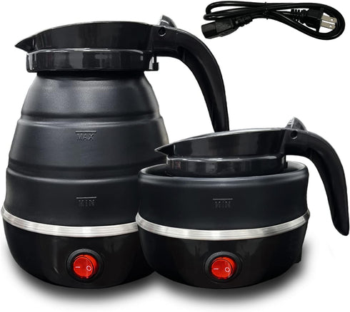 Foldable Electric Travel Kettle, Portable Silicone Collapsible Water Boiler and Tea Pot for Camping (Black)