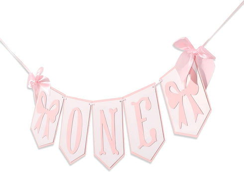 HUHJRUAR Pink and White Highchair Banner - Bow One Banner, Pink White Party Decor- Girl First Birthday Decor Cake Smash