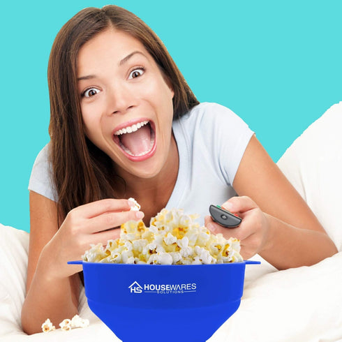 Collapsible Silicone Microwave Hot Air Popcorn Popper Bowl with Lid and Handles - Blue