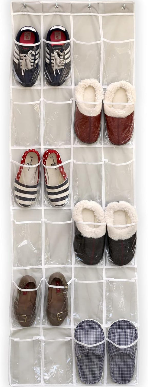 Simple Houseware 24 Pockets Over The Door Hanging Shoe Organizer, Crystal Clear, Gray (64'' x 19'')