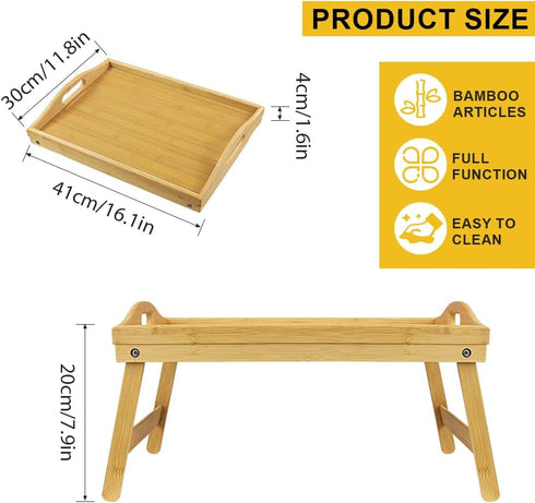WKWKER Set 2 (Set 2) Bamboo Bed Tray Table with Folding Legs of Foldable Breakfast Tray Portable Serving Table Laptop