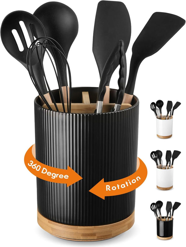 LoeJan 3 Compartment Utensil Holder, 7.2" Extra Large Stable Ceramic Organizer for Kitchen Counter, Farmhouse Decor