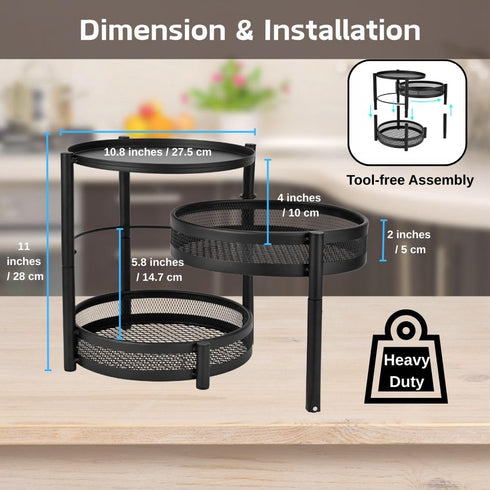 3 Countertop IBERG Tier Spice Organizer with Rotating Middle Tier, Space Saving Kitchen Rack, Metal Pantry Organizer