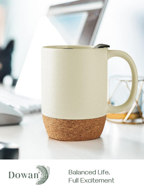Set 2, 15 OZ DOWAN Coffee Mugs of Ceramic Mug with Cork Bottom and Splash Proof Lid, Large Coffee Cup with Handle