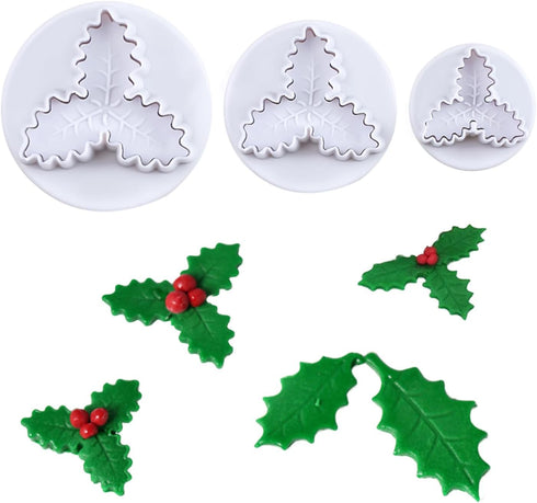 KALAIEN 3pcs Holly Leaf Plunger Cutter Fondant Baking Tools for Cake Cookie Sugarcraft Decorating