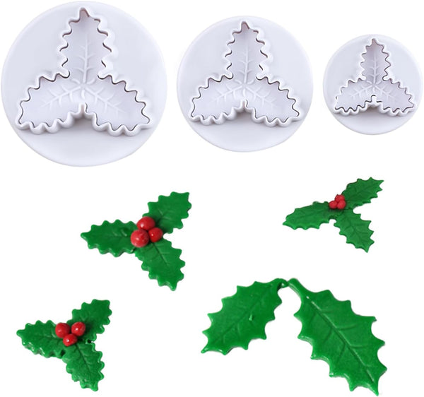 KALAIEN 3pcs Holly Leaf Plunger Cutter Fondant Baking Tools for Cake Cookie Sugarcraft Decorating