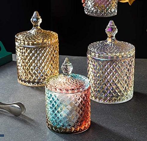 1PCS 300ml/10oz Empty Cylindrical Diamond Crystal Glass Candy Dish, Storage Container with Caps