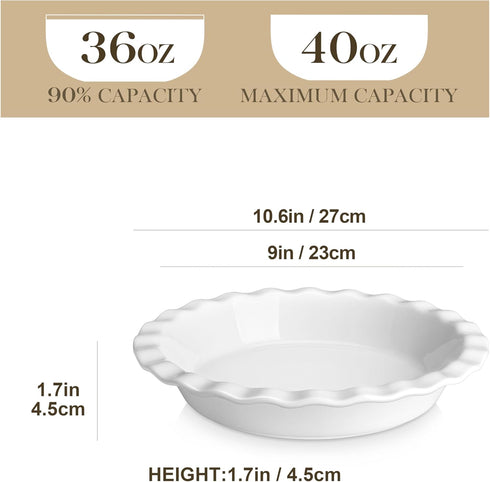 MALACASA Ceramic Pie Pan, Pie Pan for Baking 9 Inch,40 OZ Pie Plate Round Pie Dish for Baking Fluted Pie Dish Baking Pan, Non Stick Deep Pie Dishes for Quiche, Apple Pies,Pot Pies, Tart, etc.