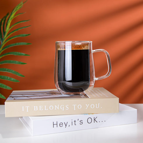 16 OZ, Set 2 Double Walled Glass Coffee Mugs Borosilicate Glass Coffee Cups of with Spoons, Insulated Clear Coffee Mug