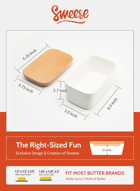 2 Sweese Large Butter Dish - Airtight Butter Keeper Holds Up to Sticks of Butter - Porcelain Container with Beech