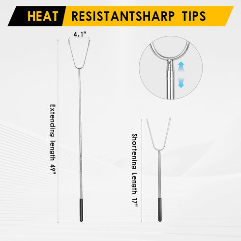49” Large Fork Head Hot Dog Sticks for Campfires, Extra Long Telescoping Marshmallow Roasting Sticks, 4 Pack