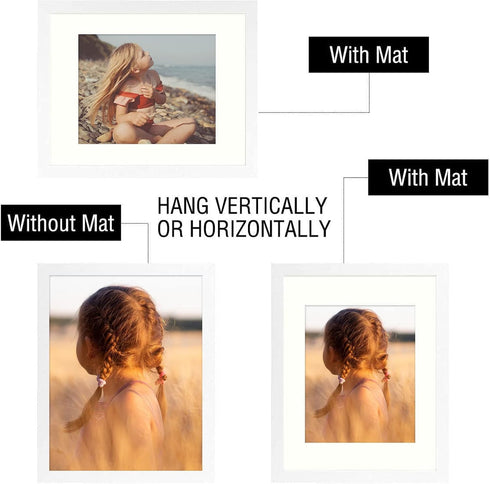 Golden State Art Simple Picture Frame with Ivory Color Mat & Real Glass for Vertical Horizontal Display (11x14, White)