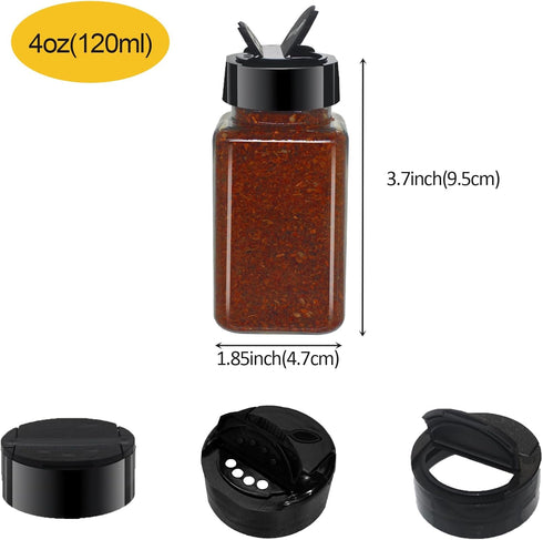 12 Pack 4oz Clear Plastic Spice Jars with Black Lids, Square Seasoning Containers with Chalk Labels, Kitchen Cabinet