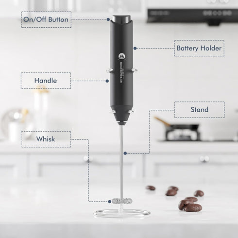 Powerful Handheld Milk Frother, Mini Whisk Drink Mixer for Coffee, Cappuccino, Latte, with Stand (Black)