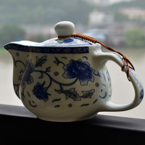 Teapot 500ml Blue White Peony Flower Porcelain Kettle Stainless Infuser (Mudan Flower 500ml) by China qinghua ci