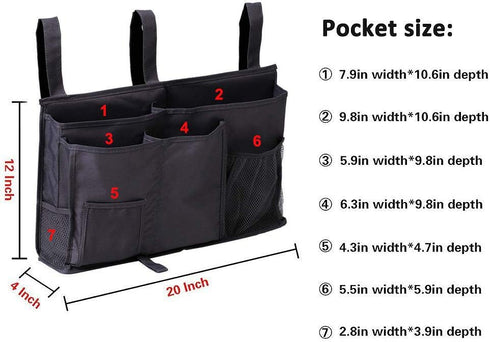 Bunk Bed Organizer, Bedside Storage Caddy, Hanging Pocket for Camp, Dorm Room, Hospital Bed Rail, Black