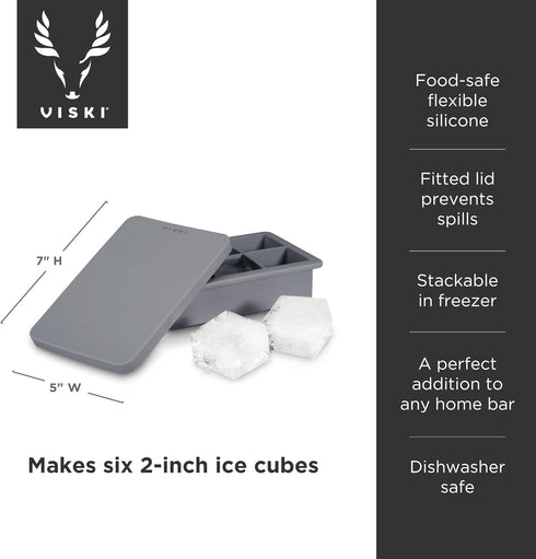 Viski Whiskey Ice Cube Tray with Lid, Makes Six 2-Inch Ice Molds, Stackable Silicone Molds for Home Bar, Set of 1, Grey