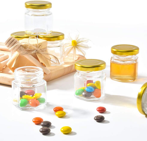 1.5oz 6Pack Mini Glass Hexagon Jars with Gold Lids, Bee Charms, Honey Dipper Sticks for Party Favors
