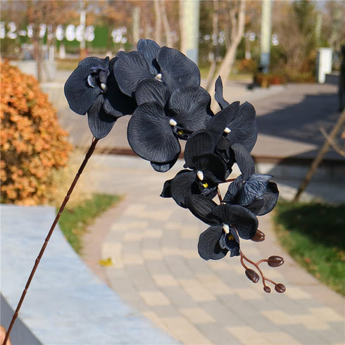 Rikyo 8 Heads Faux Black Orchid, 40" Bouquets 2 Stem Phalaenopsis Fake Flowers for Home Decoration, Office Decor,