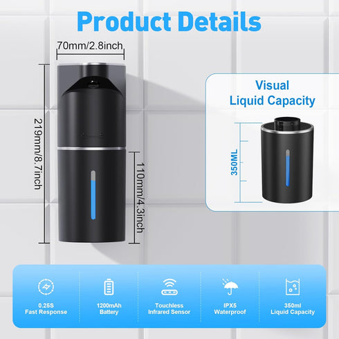 3 350ml Fantictas Automatic Soap Dispenser,Touchless Hand Wall Mount Rechargeable Gear Adjustable Electric Soap