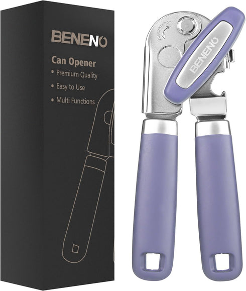 Manual Can Opener with Magnet, Handheld Can Opener with Sharp Blade and Effort-Saving Knob, Purple Color