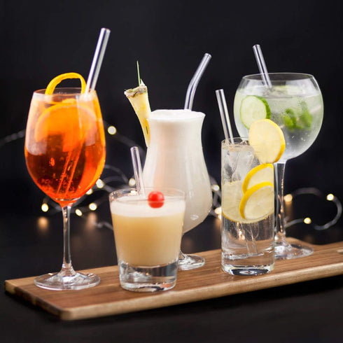 HALM Glass Straws - Variety Pack: 6 Reusable Drinking Straws in 2 Sizes + Plastic-Free Cleaning Brush, Eco-Friendly,