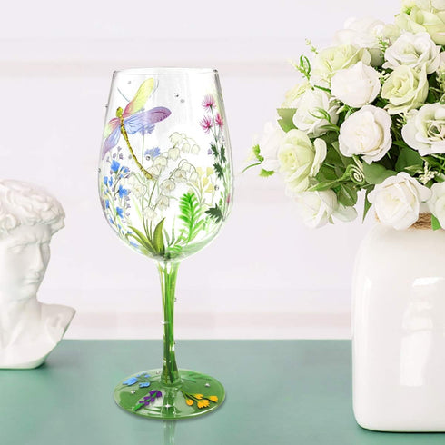 NymphFable Hand Painted 15 oz Wine Glass, Colorful Dragonfly Flower Artisan Gift for Birthdays, Weddings, Valentine's