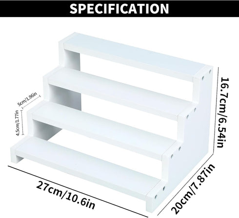 4 Countertop Tier White Wooden Display Stand Step Shelf Organizer for Perfume Skincare Desserts Cupcakes and Cosmetics