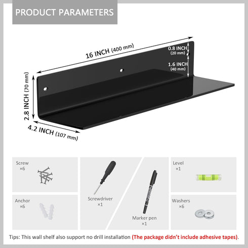 16 Inches 2 Pack, 4'' Sezanrpt Black Acrylic Wall Shelves L Shape Floating Shelf, Acrylic Corner Shelf for Model Car