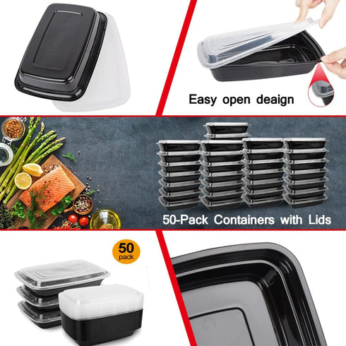 50-Pack Food Prep Containers, 1000ML/34 OZ, Microwavable with Lids, Reusable Plastic Lunch Boxes