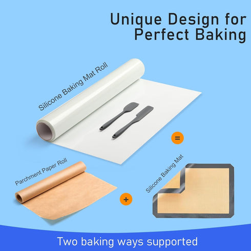 Silicone Baking Mat Roll with 2 Spatulas Set - 12IN x 8FT No Slip Silicone Pastry Mat, Reusable Freeze Dryer Mat, Non-Stick Air Fryer Oven Liner, Washable Oil-proof Refrigerator Liner