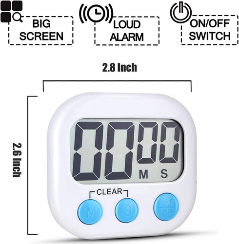 2 Pack Digital Kitchen Timer for Cooking, Big Digits Loud Alarm, Magnetic Backing Stand for Baking, White