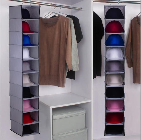 GRANDAN Hat Rack with Upgrade Metal Hooks, 10 Shelf Hanging Closet Organizer for Baseball Caps, Gray