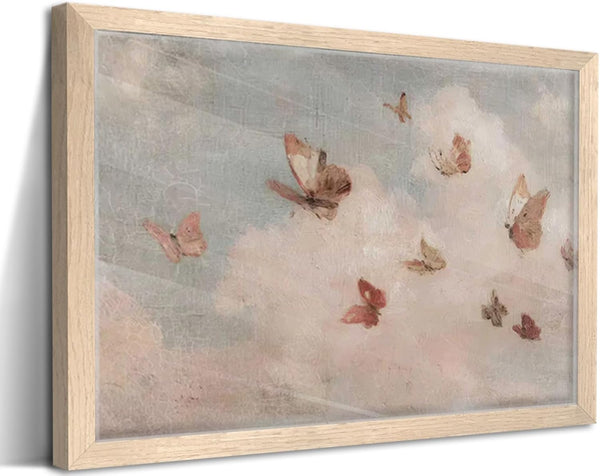 YBYNICE Framed Vintage Butterfly Cloud Wall Art Rustic Cottagecore Canvas Print French Country