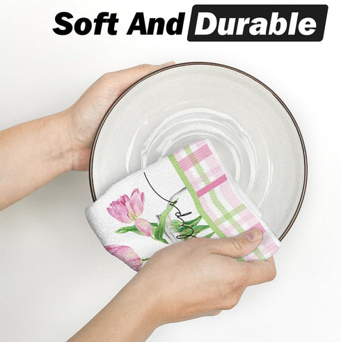 18x26 Inch Set 2 Artoid Mode Tulip Buffalo Plaid Flowers Spring Kitchen Towels Dish Towels, Seasonal Floral Decoration