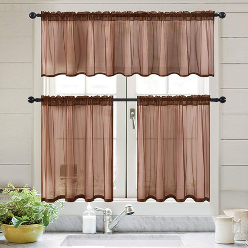 MIULEE Solid Chocolate Brown Kitchen Sheer Valance, 1 Panel Voile Window Curtain for Living Room (60" W x 18" L)