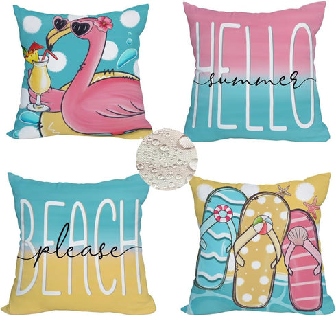 2 Pack Waterproof Outdoor Summer Beach Throw Pillow Covers 16x16 Inch, Flamingo Tropical Flower Decoration