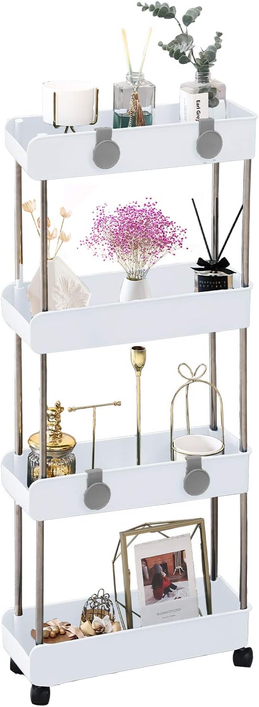 Melody House 4-Tier Slim Mobile Shelving Unit on Wheels, Slide Out Rolling