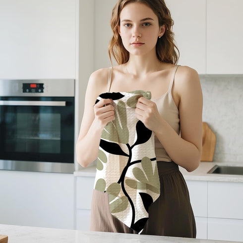 Jztco 2Pcs 24x14 Inch, Abstract Floral Kitchen Towels Boho Style Sage Green Flower Hand Towels for Kitchen Home Decor