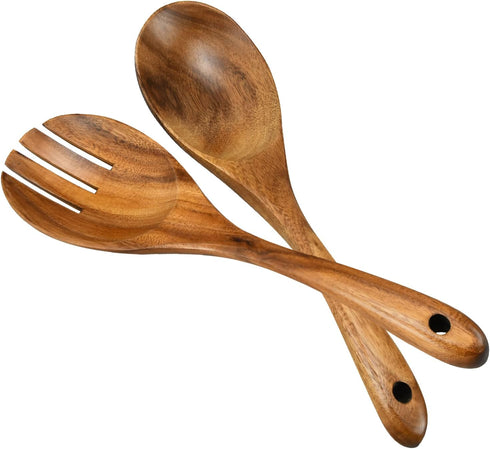 Wood Salad Tongs, 10.2in Salad Spoon and Fork Set, Long Handle Salad Servers for Mixing, Tossing, and Cooking