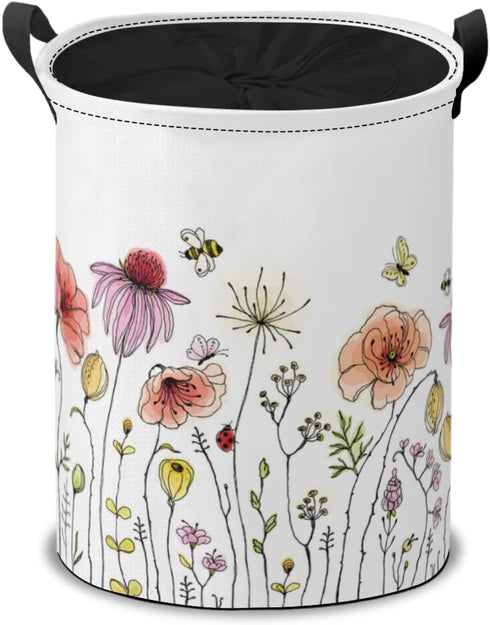 Spring Wildflowers Laundry Hamper Basket, Colorful Summer Floral Printing Collapsible Portable Laundry