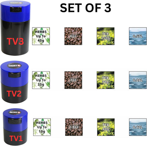Tightvac Set of 3 Airtight Containers | Multi-use Vacuum Containers for Herbs, Dry Goods, and Food, Blue Caps